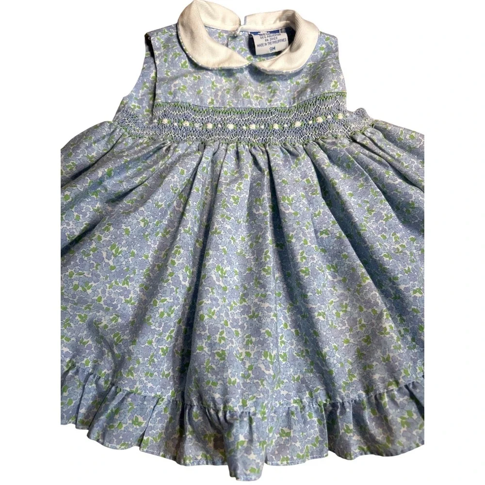 VTG Carriage Boutiques Baby Girls Blue Floral Smocked Dress‎ Bloomers Hat Set 9M